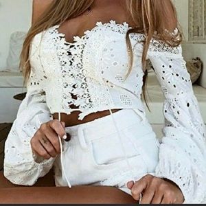 Lace Up Flare Sleeves Off Shoulder Crop Top - M
